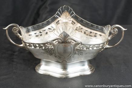 Antique Art Nouveau Silver Glass Basket Dish Bowl Centrepiece